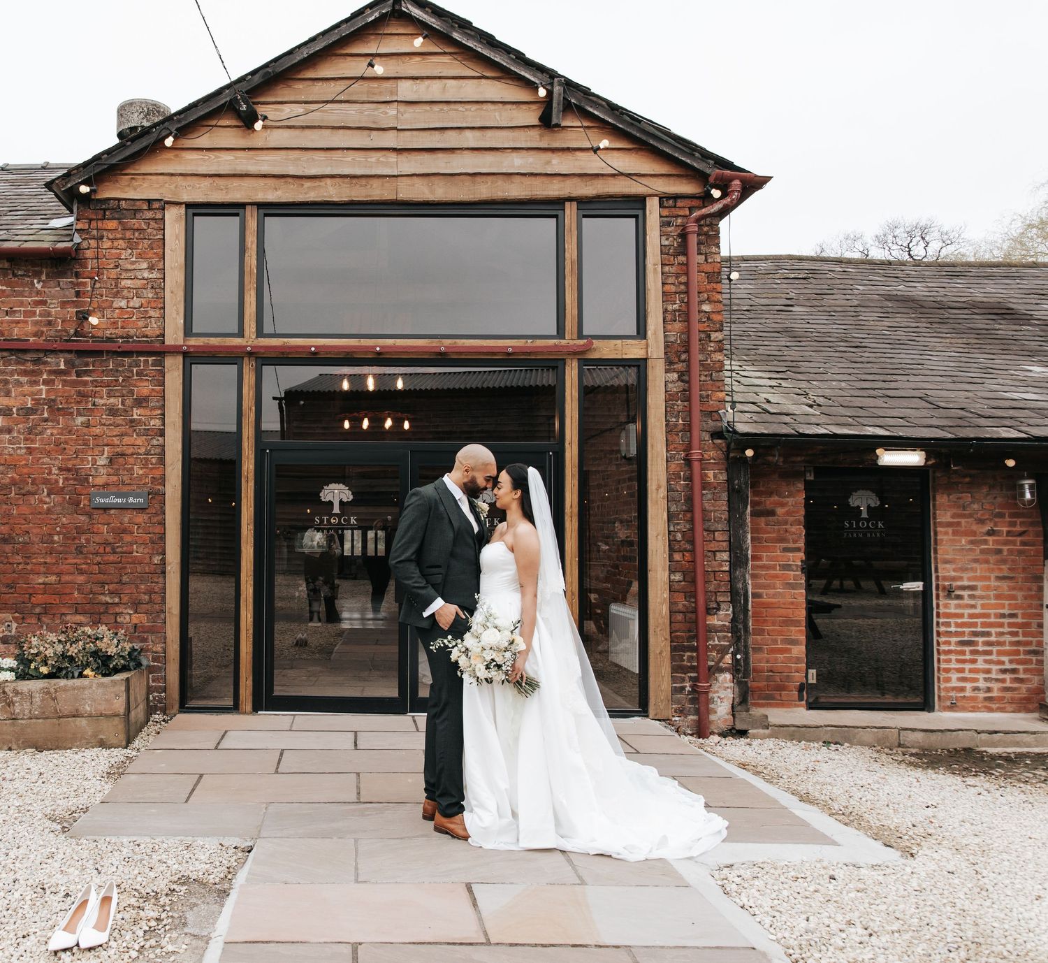 A series of modern brick venue exterior shots showing large windows and doorways with elegant white decor details.
