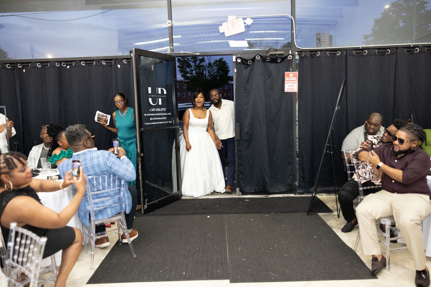 A panoramic collage of scenes from a wedding reception showing guests, decorated tables, and party moments indoors.