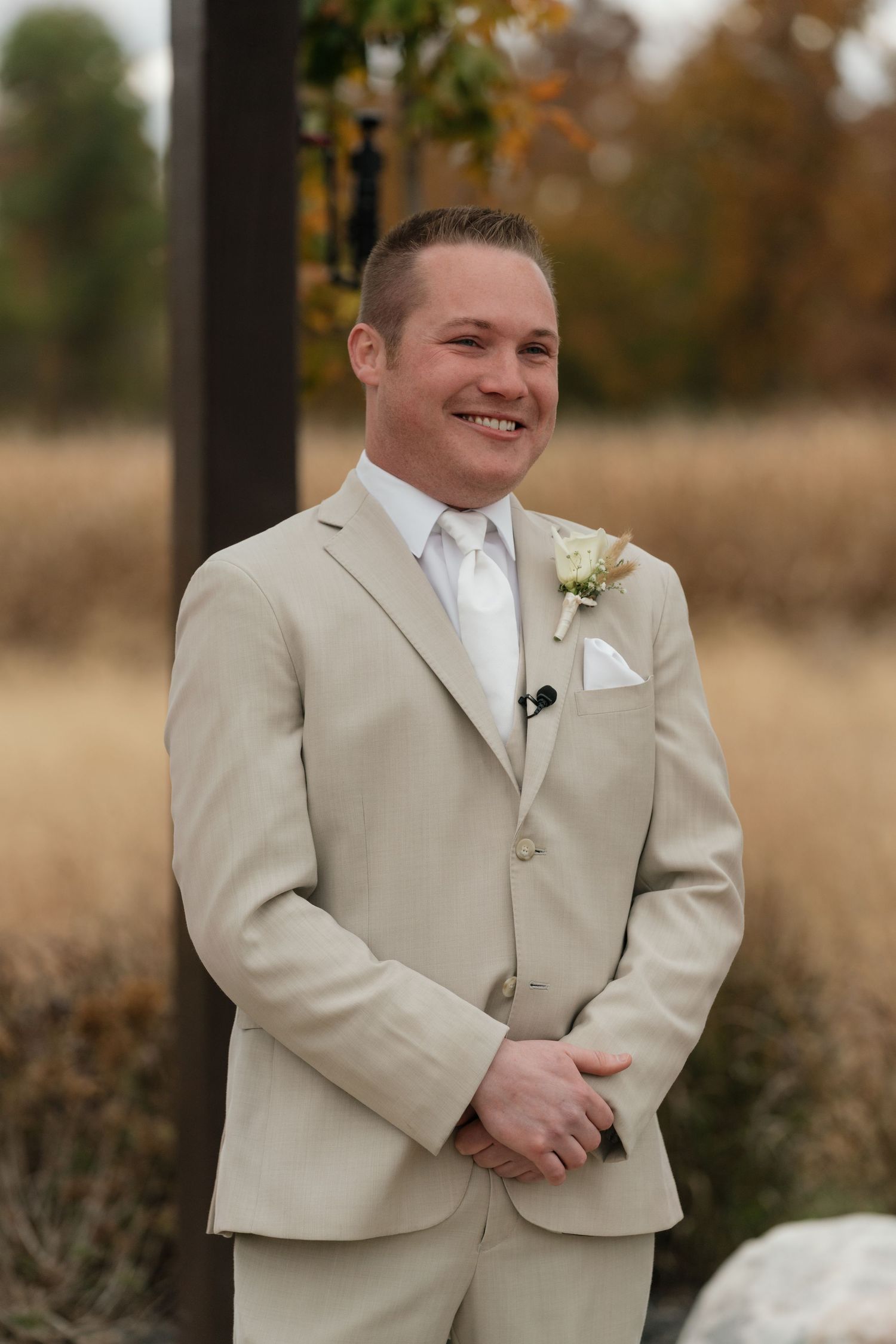 Wedding photographer in Delphi, Indiana capturing  Groom first look at New Journey Farms, Lafayette Indiana