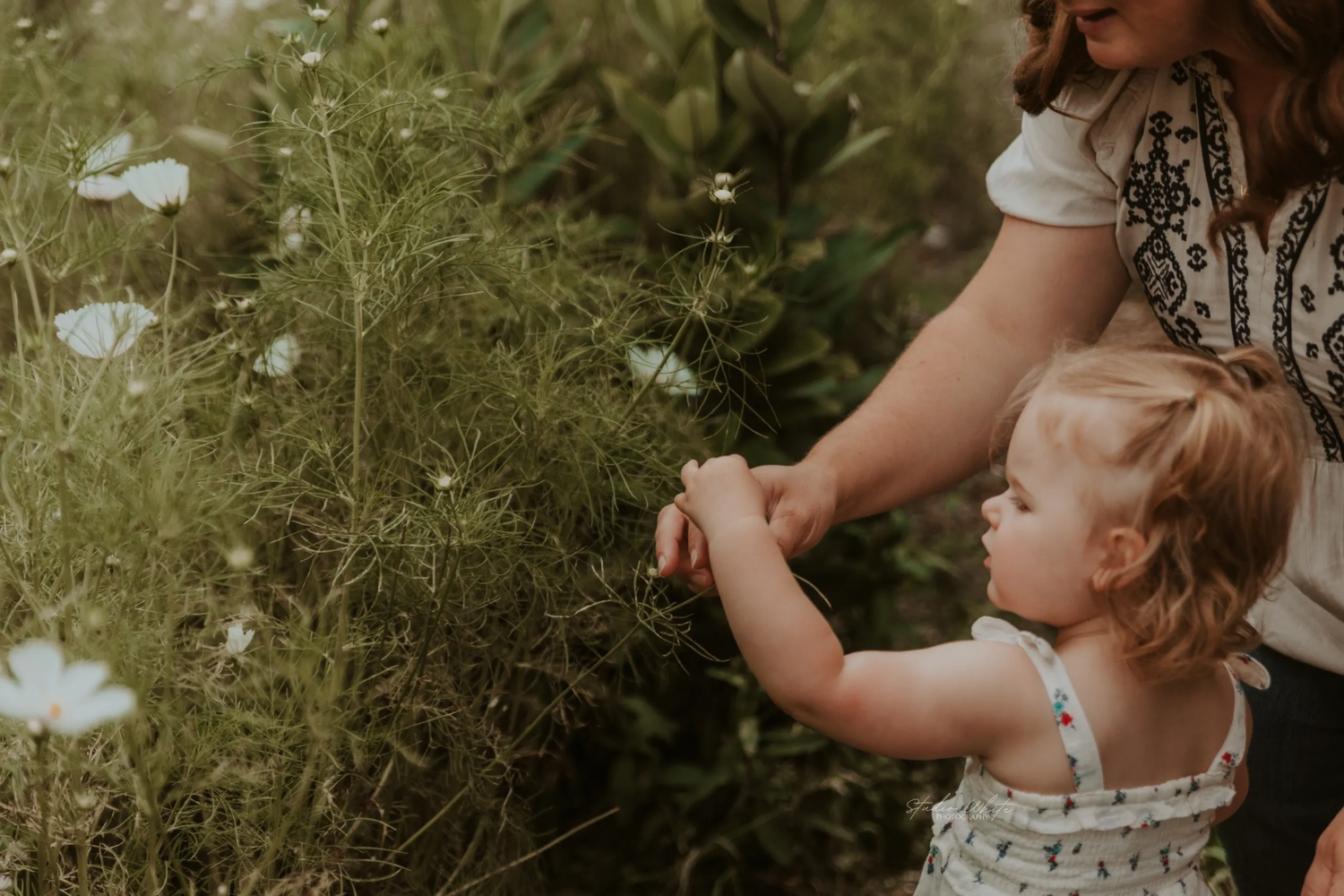 A child in a floral dress reaches toward delicate white wildflowers in a lush garden setting.