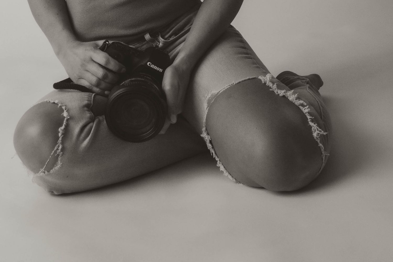 Black and white close-up photograph of Photographers camera.