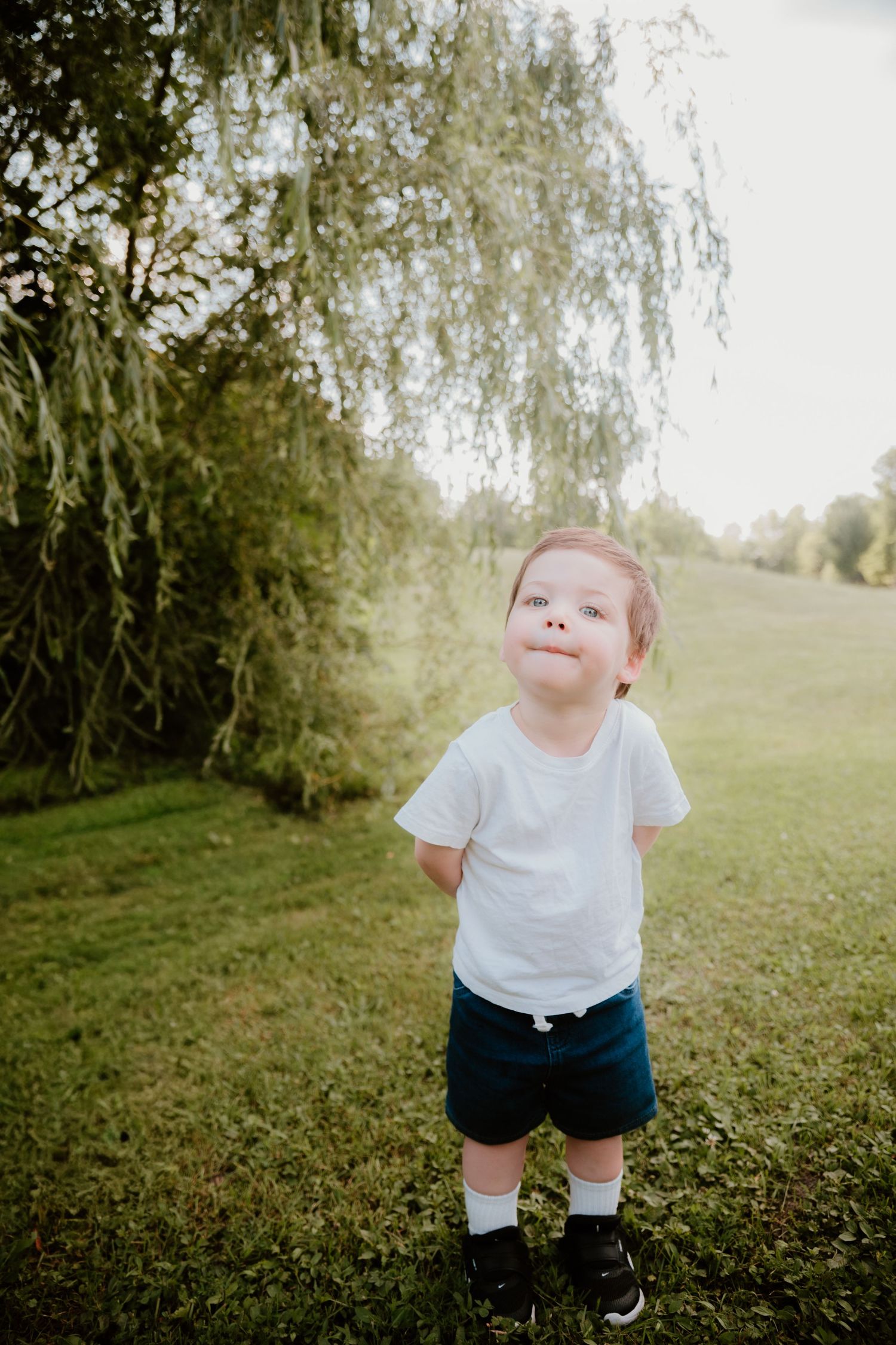 Young toddler in a white t-shirt and navy shorts stands on a grassy hill beside a weeping willow tree, looking up with a playful expression.