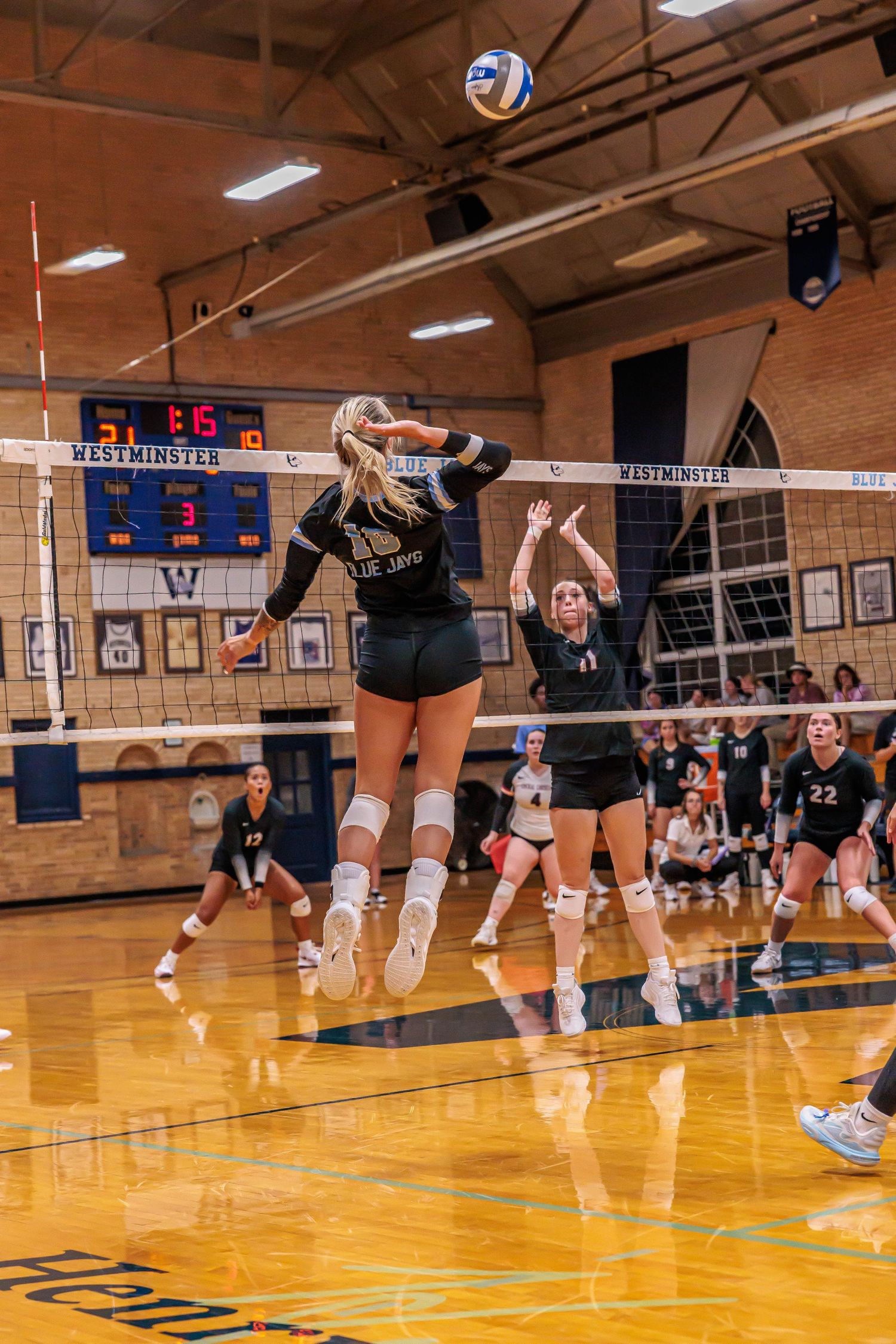 Female volleyball player in black uniform spikes ball over net during competitive indoor match at Westminster.