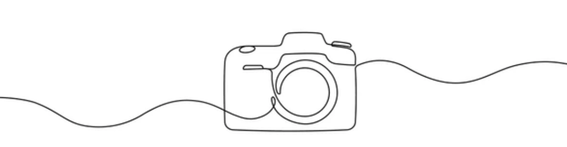 Minimalist single line drawing of a camera on white background.