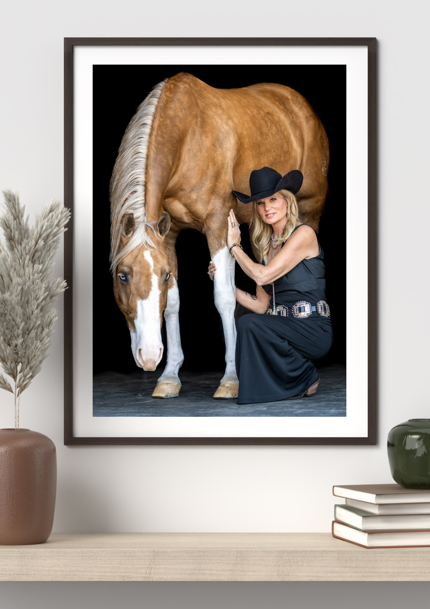 Black background portrait session with an AQHA palomino reining horse and equestrian, Morriston FL . Keli Wakeley/Keli Wakeley Photography