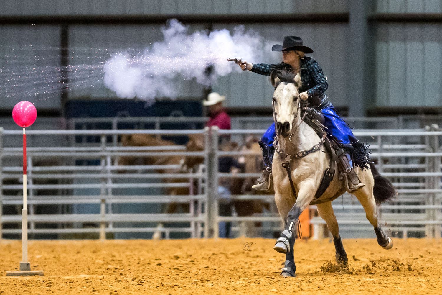 Mounted shooting event horse and rider navigating the course during a competition with Florida peacemakers clay county Florida  Keli Wakeley