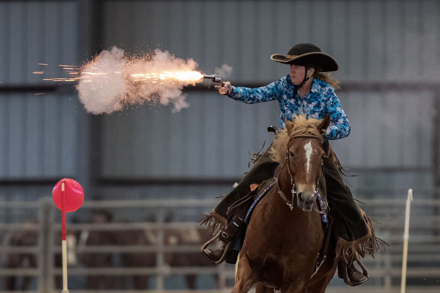 Horse and rider executing shot during mounted shooting event in Clay County Florida.