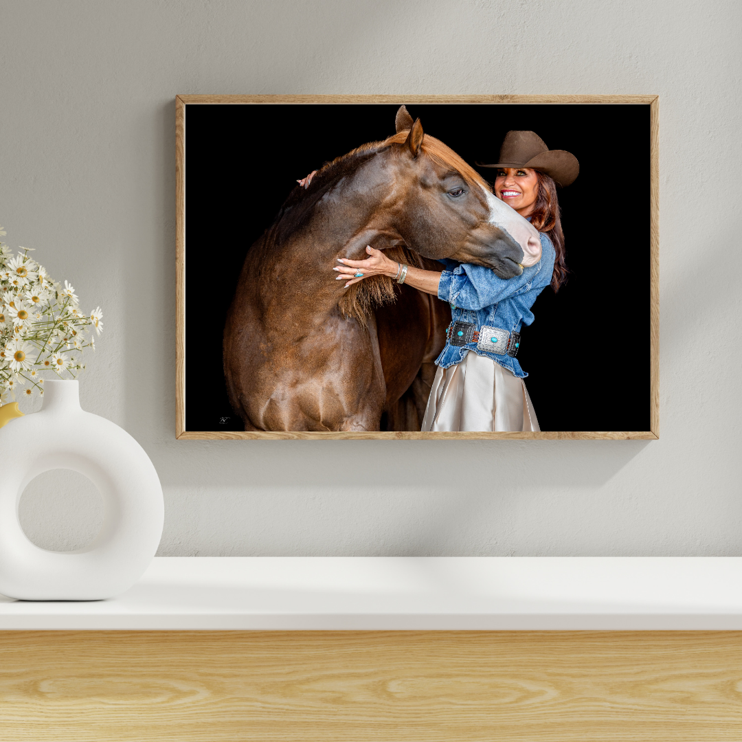 Framed black background portrait from a barn session in Morriston FL with owner and AQHA reining horse. Keli Wakeley/Keli Wakeley Photgraphy