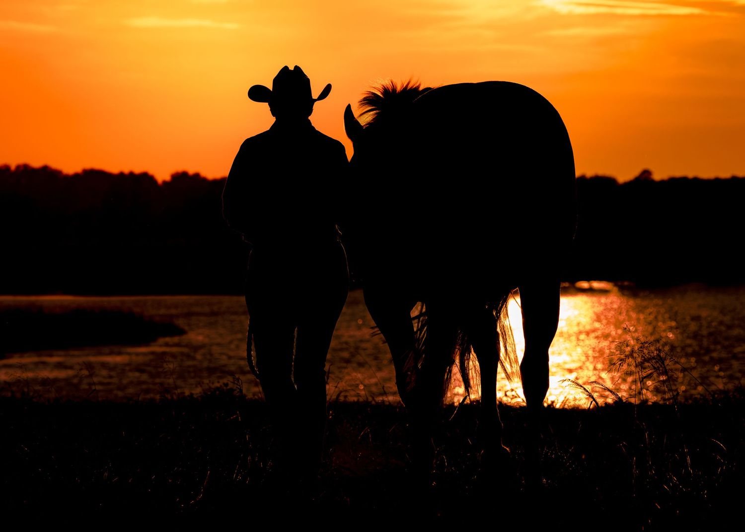Silhouette of horse and rider against a dramatic orange sunset over a beautiful lake in Umatilla Florida