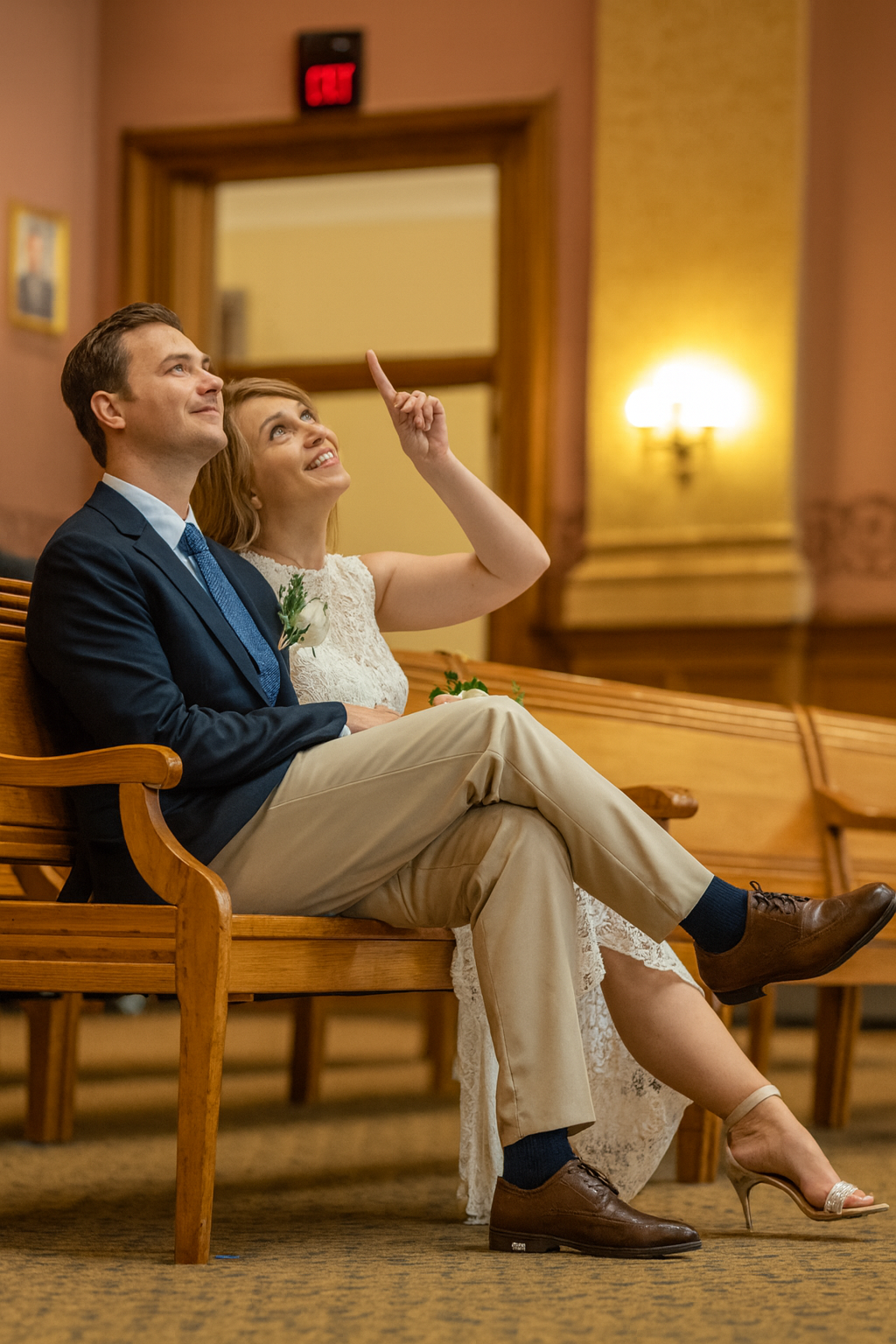 A couple in formal attire laughs while sitting on the floor of an elegant hotel hallway.