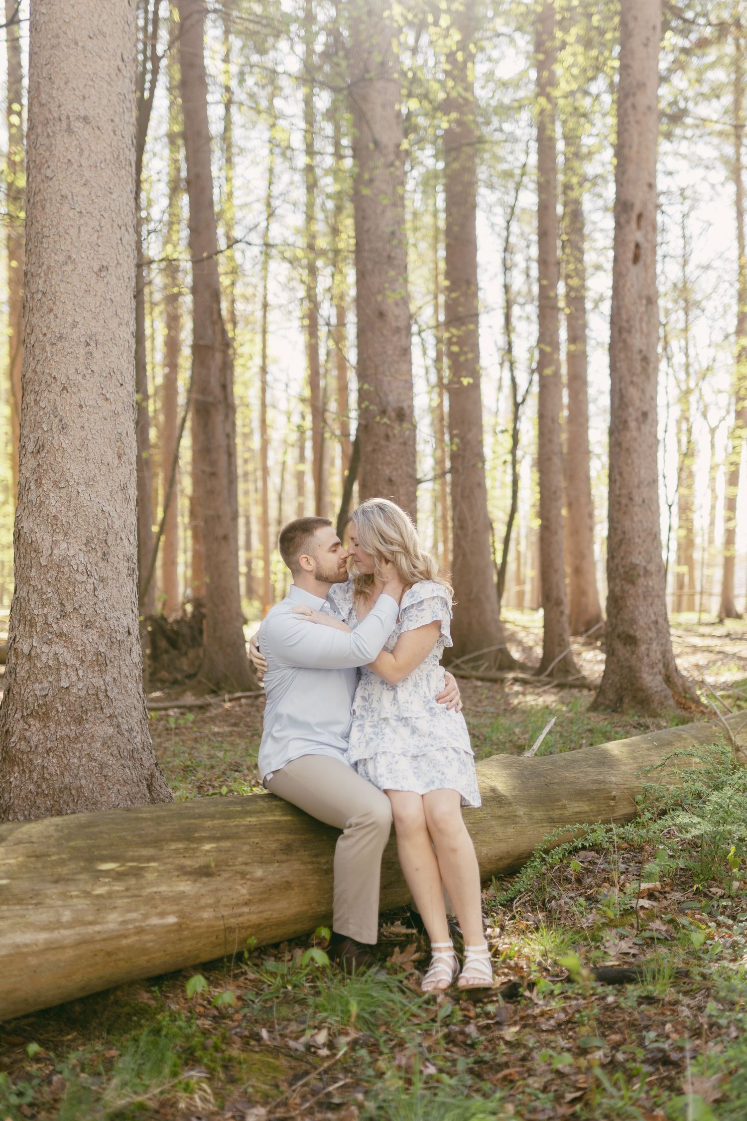 A couple sharing a romantic kiss while sitting on a fallen log in a sunlit forest during their engagement session.