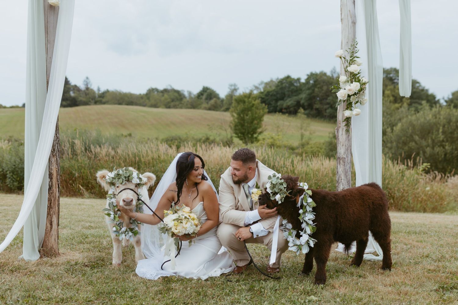 Bride and groom crouching with a brown alpaca under a floral arch at an outdoor farm wedding ceremony.