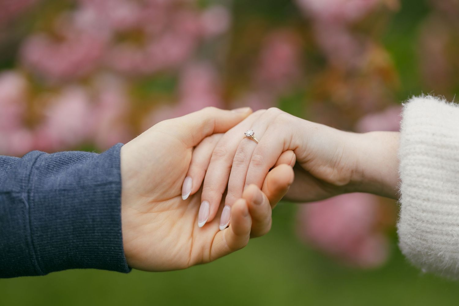 Couple holding hands outdoors with engagement ring visible, pink cherry blossoms in soft focus background.