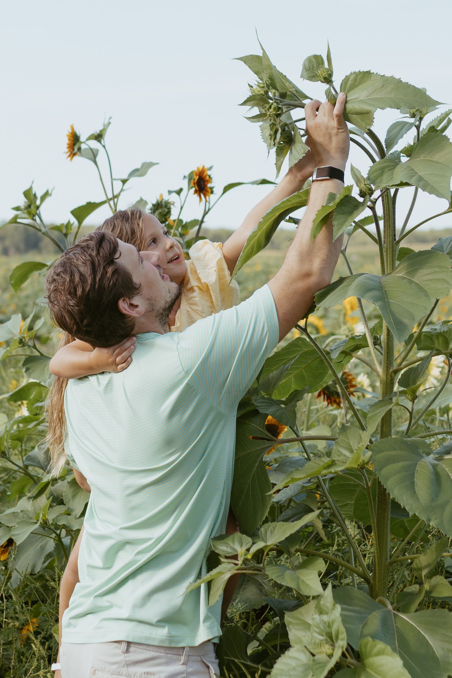 Man in mint shirt lifts child among tall sunflowers in a sunny field, both smiling joyfully.