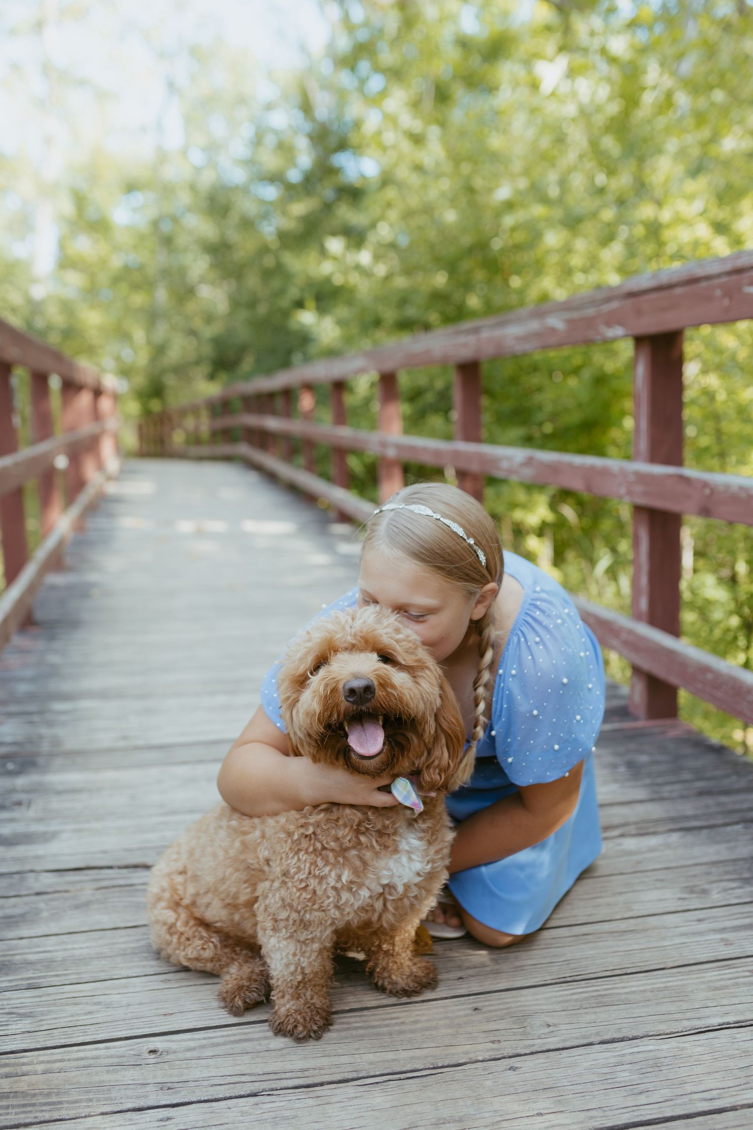 A young girl in a blue dress hugs an adorable golden doodle dog on a sunny wooden bridge in a park.