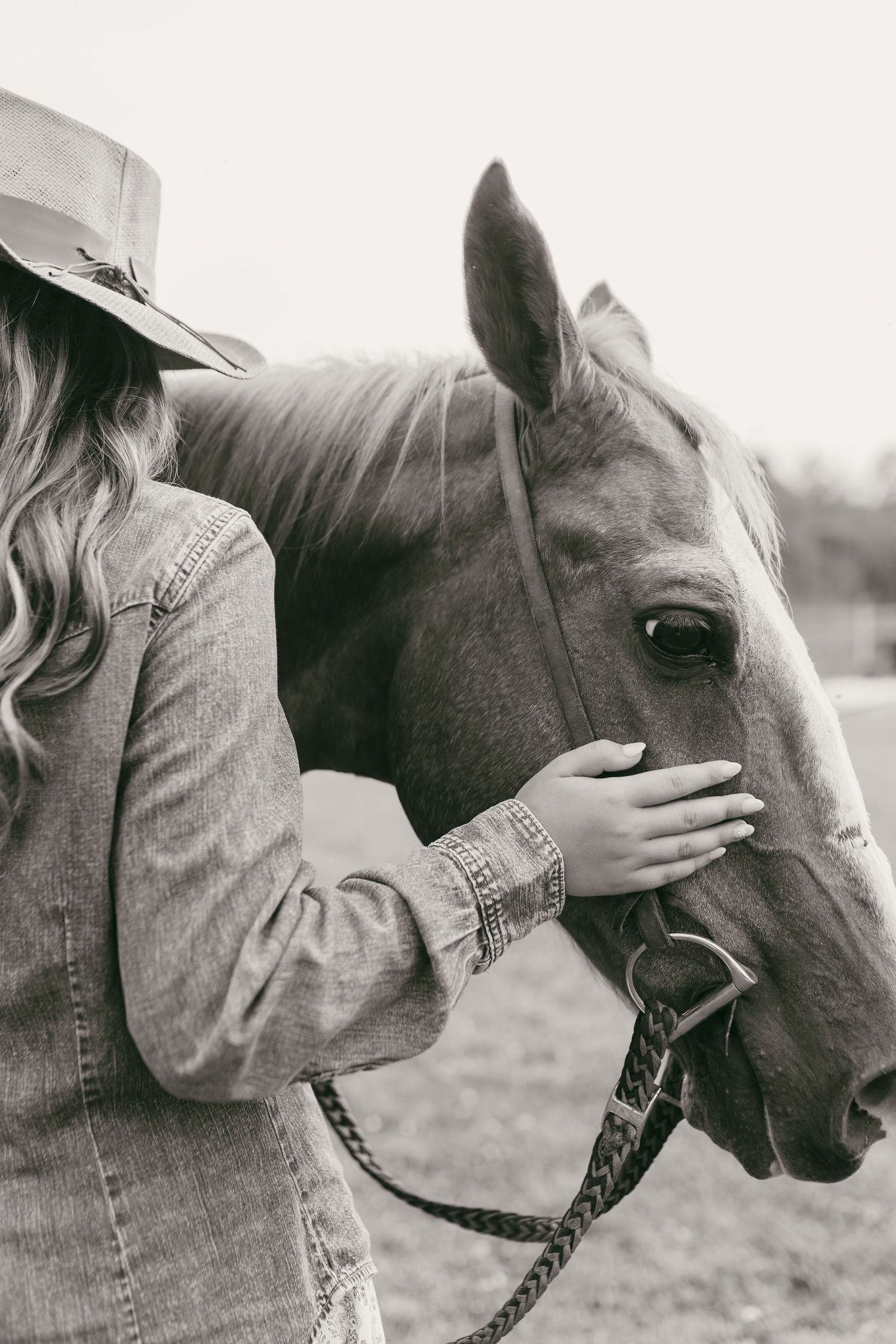 Black and white photo showing gentle interaction between a person and horse.