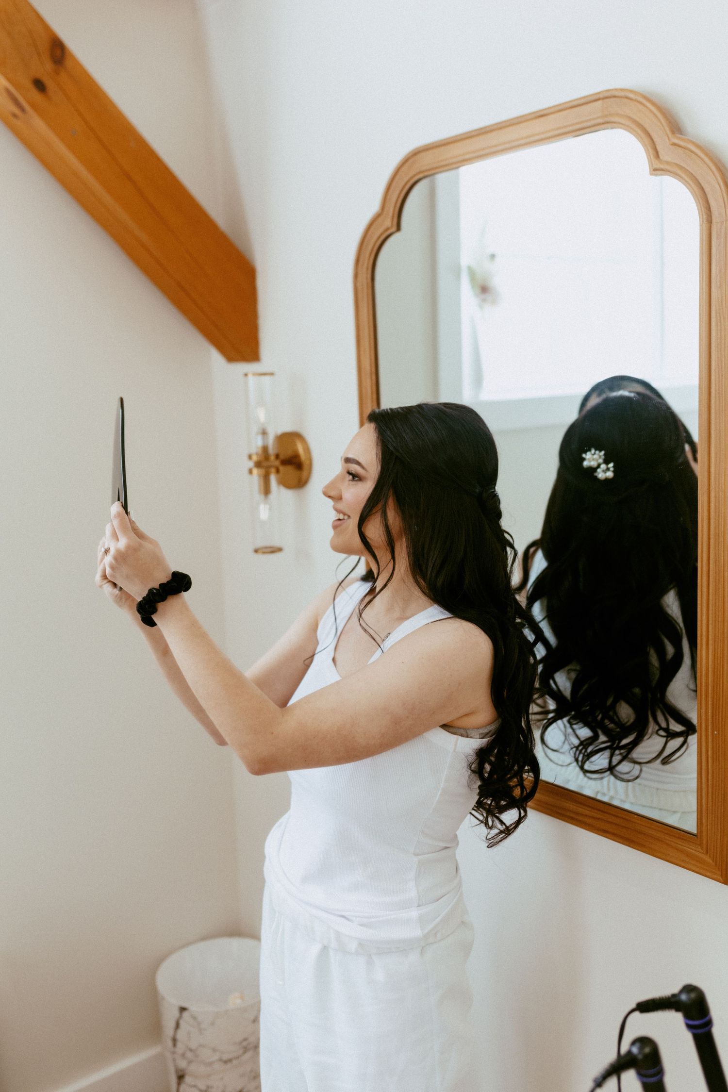 A series of getting ready photos showing someone taking selfies in front of a wooden-framed mirror.