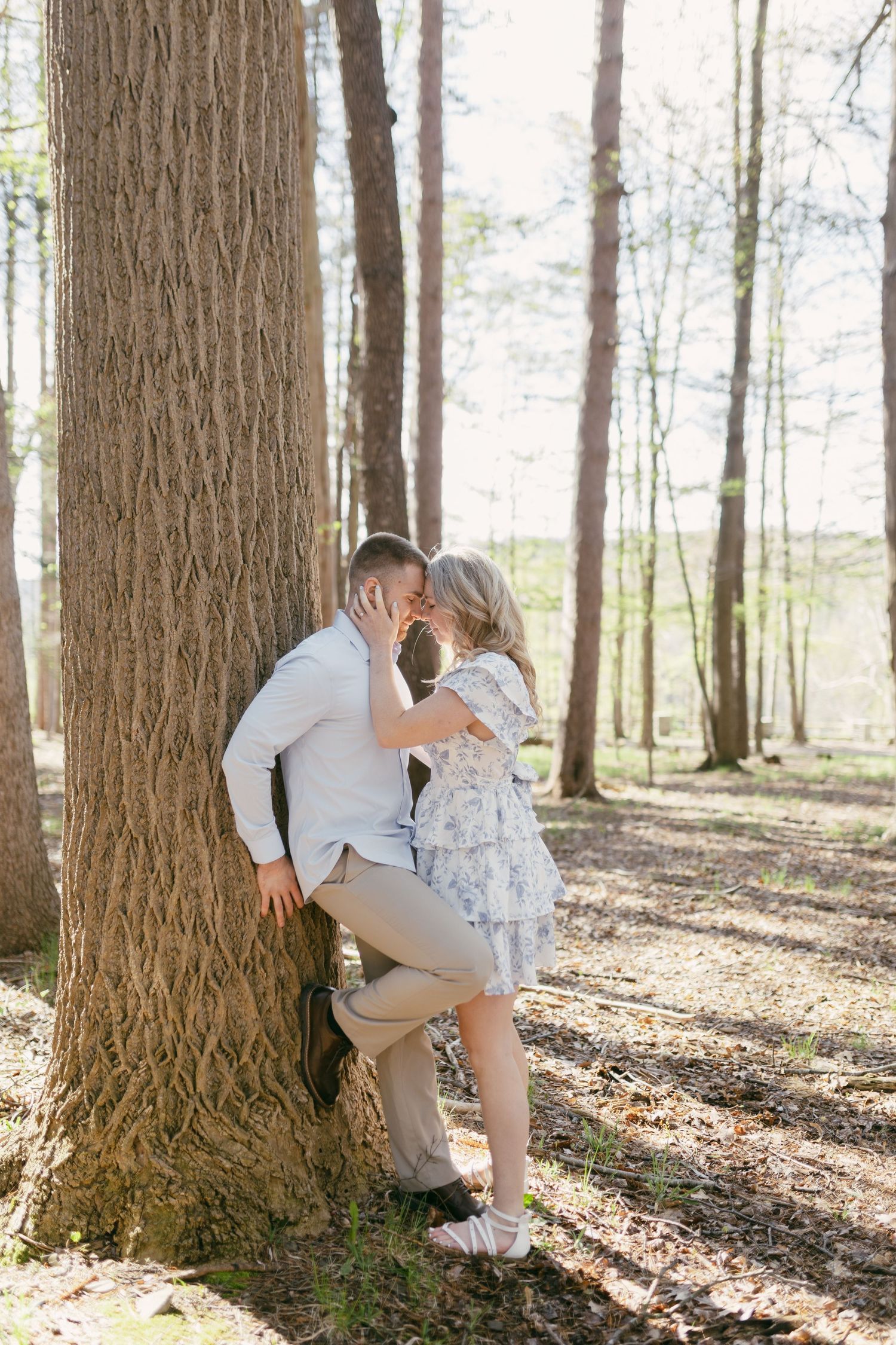 Couple sharing a kiss leaning against a large tree trunk in a sunny woodland setting.