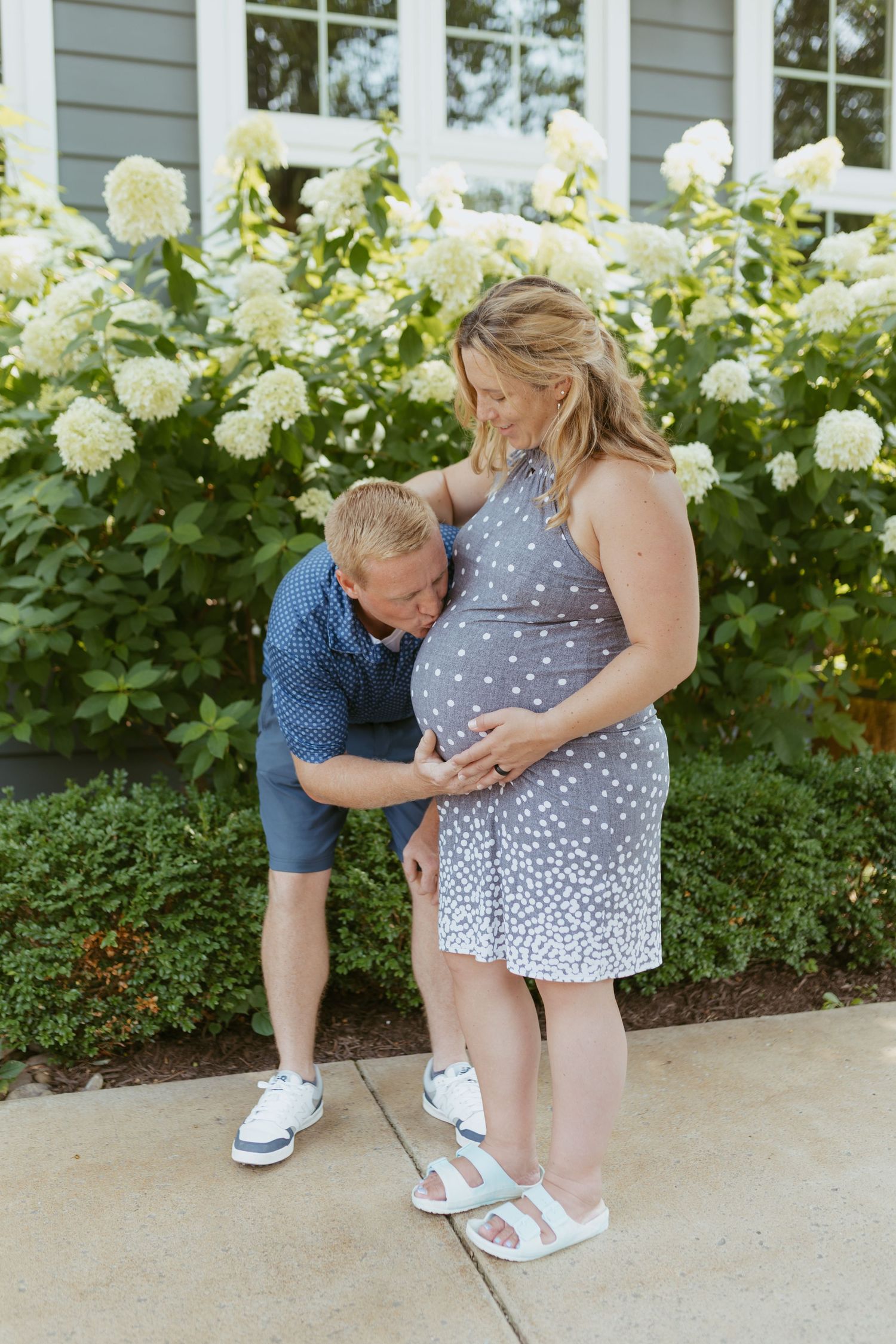 Expecting couple sharing a tender moment outdoors, man kissing pregnant woman's belly near white hydrangea bushes.