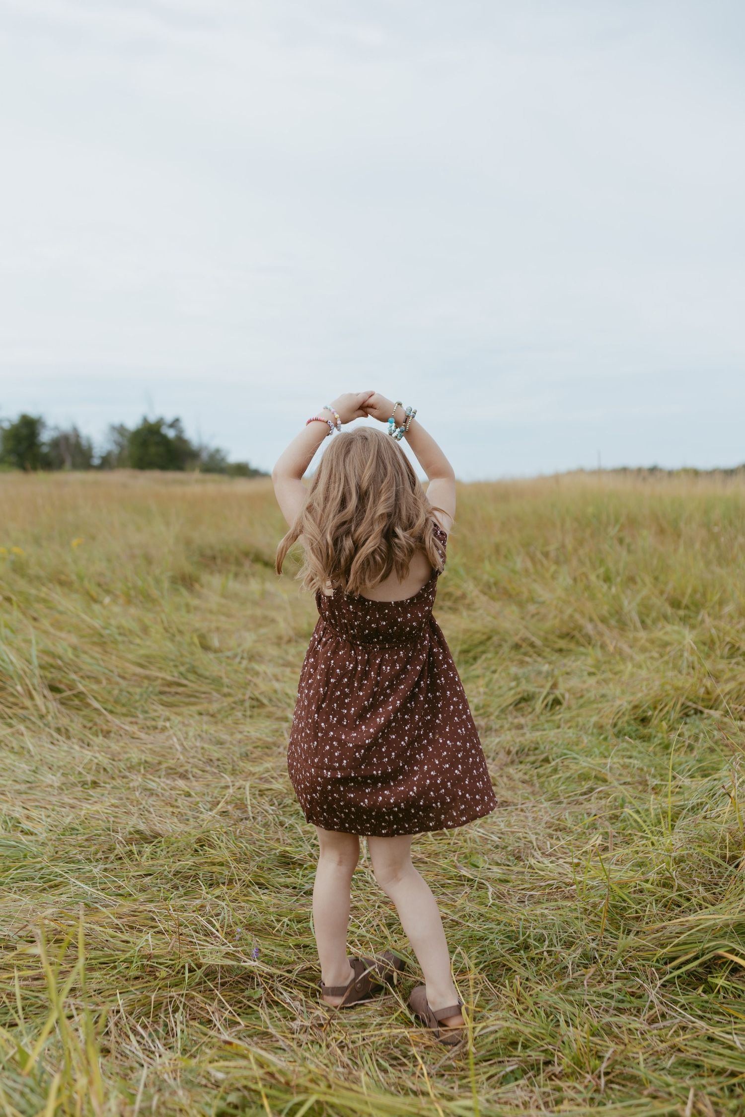 Young girl in brown polka dot dress standing in golden field with arms raised, viewed from behind.