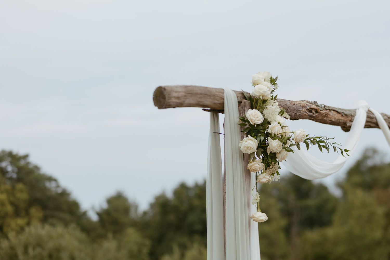 Rustic wooden wedding arch adorned with white roses and flowing white fabric draped against a natural green outdoor backdrop.