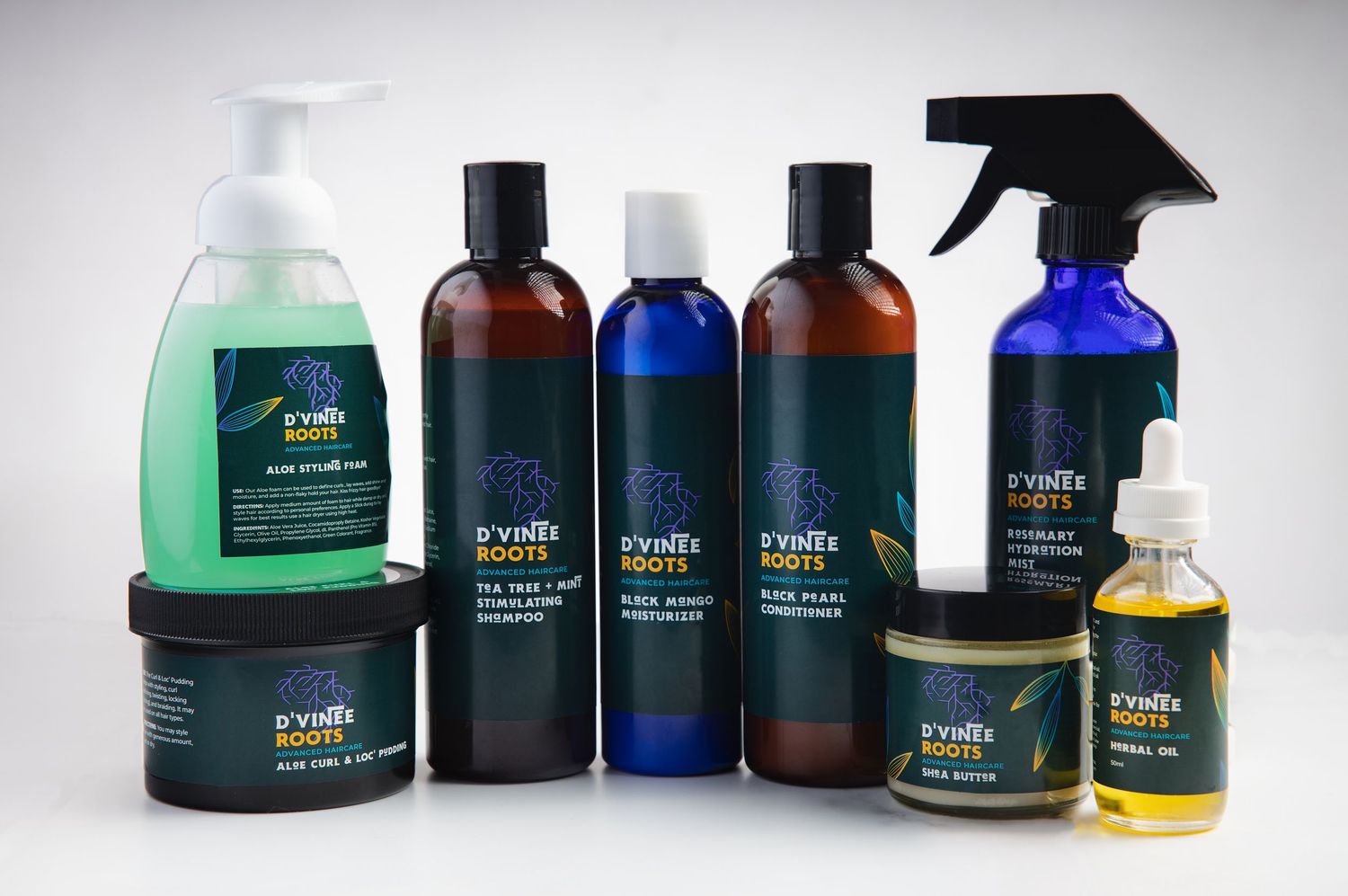 Collection of Earth grooming products including shampoo bottles, sprays, and styling products in blue and green packaging.