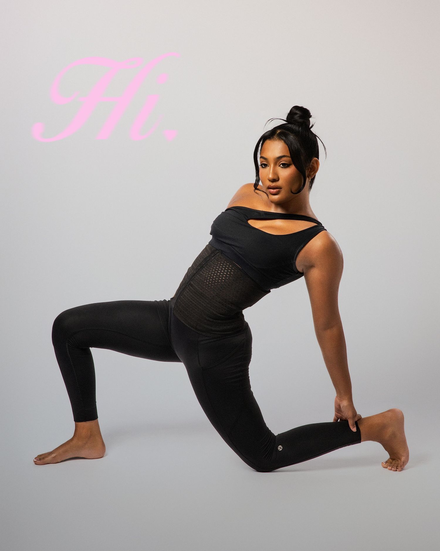 Athletic figure in black workout attire demonstrating yoga poses against light gray background.