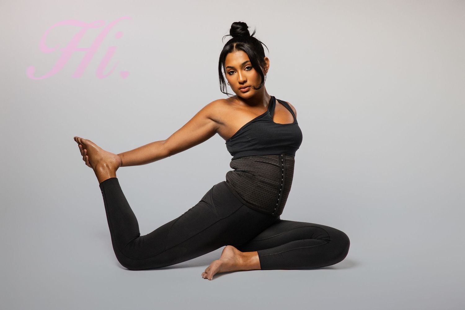 Series of stretching poses shown in black athletic wear against neutral backdrop.