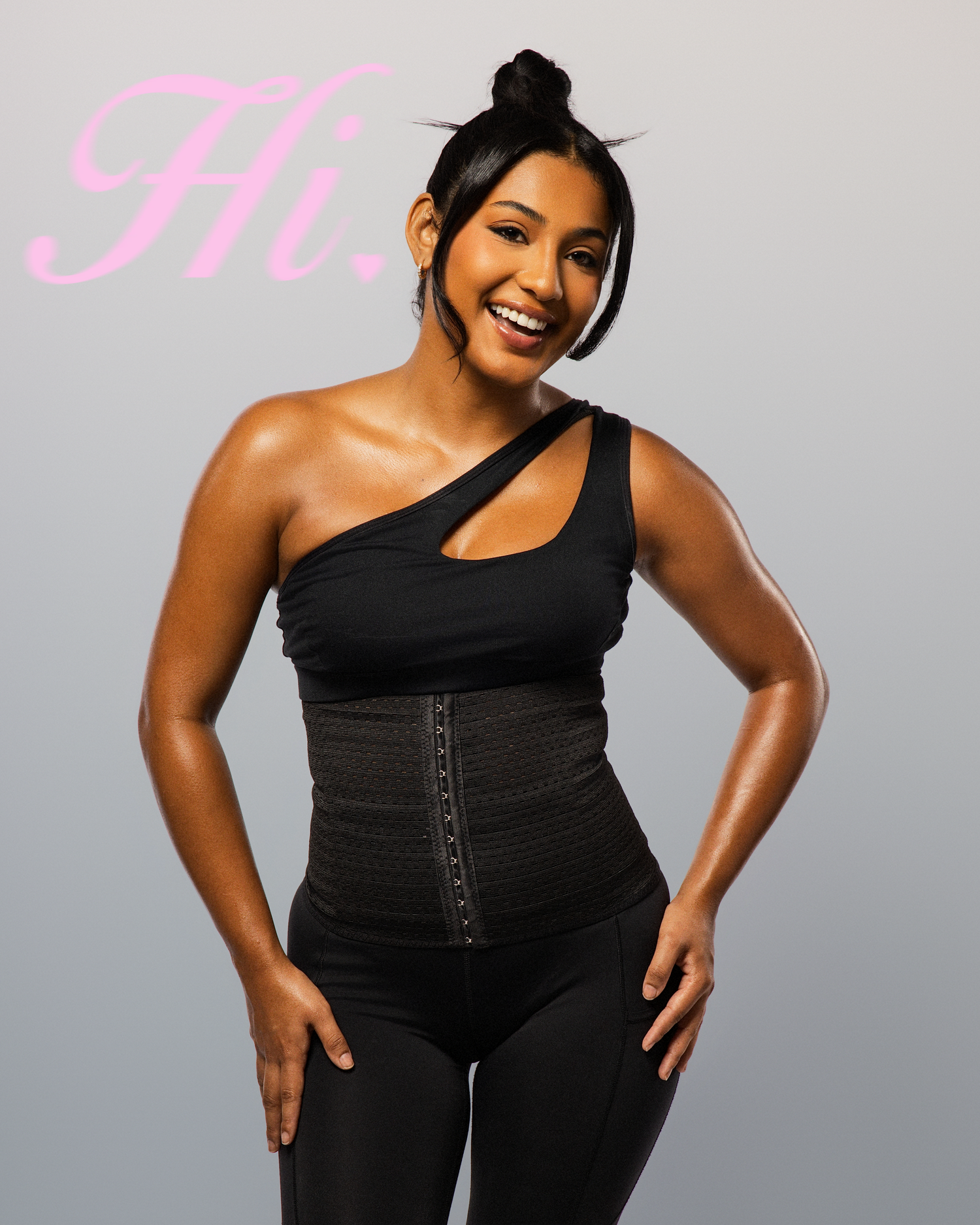 A sequence of poses showing someone in black athletic wear against a gray studio background.