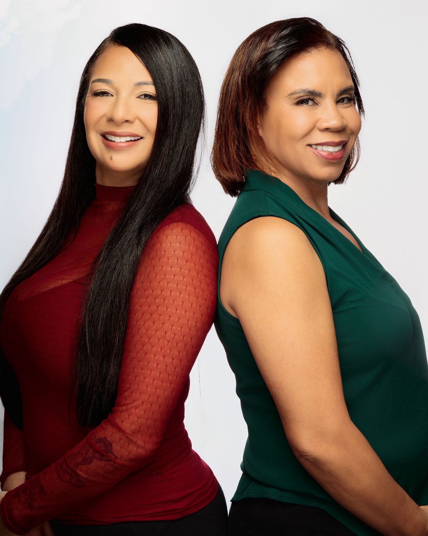 A series of professional studio portraits showing a woman in burgundy and green tops posing against a white background.