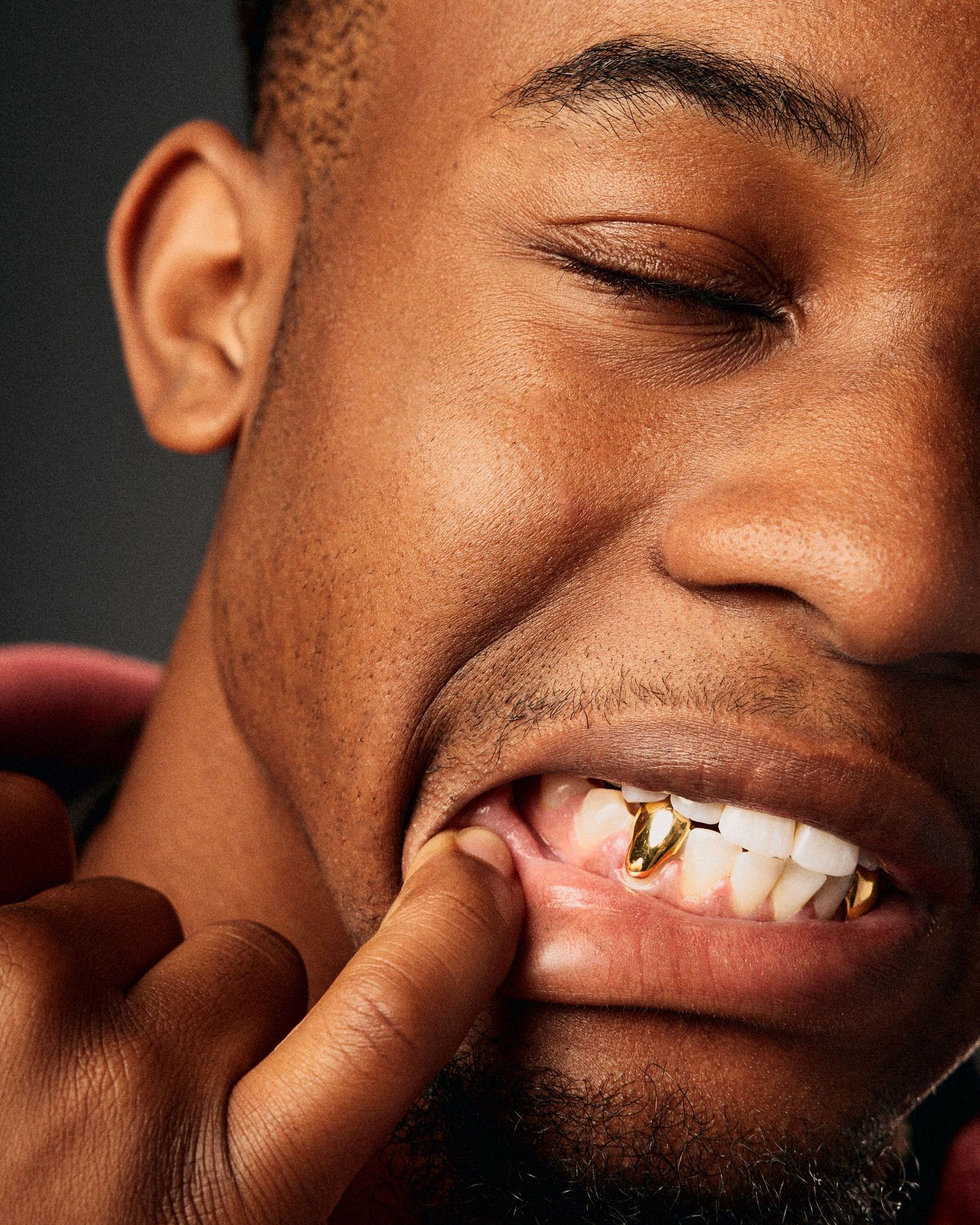 A series of close-up photos showing expressions of joy and laughter with bright smiles and closed eyes.