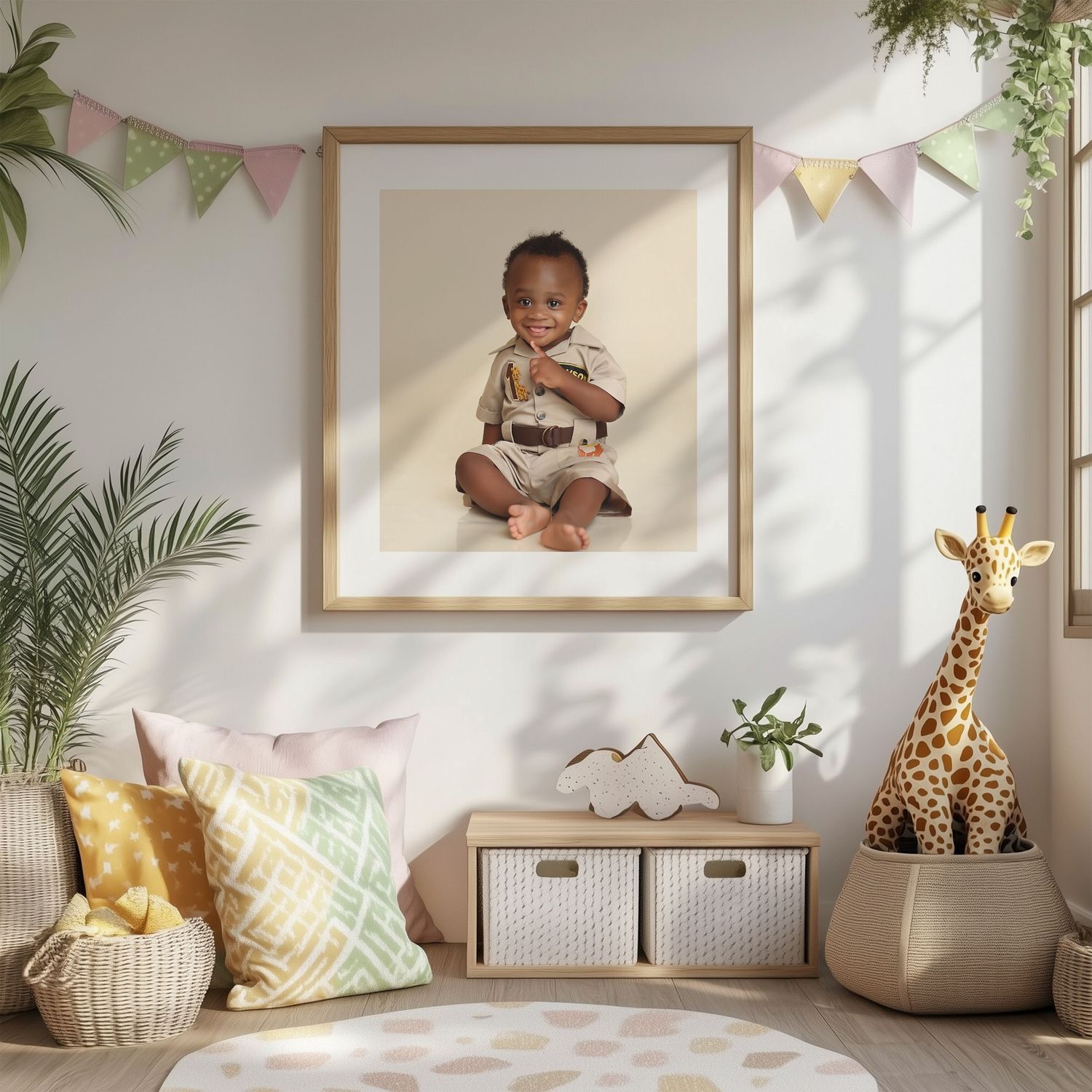 A cozy nursery corner with framed artwork, decorative bunting, plush pillows, and a giraffe toy against a white wall.