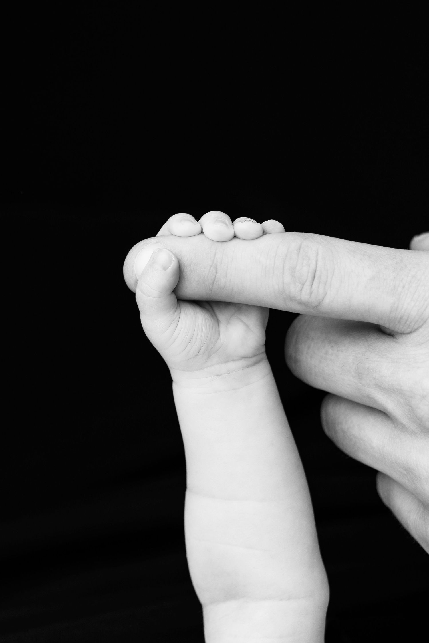 A tiny baby's hand grasps an adult finger against a black background in a touching black and white photograph.