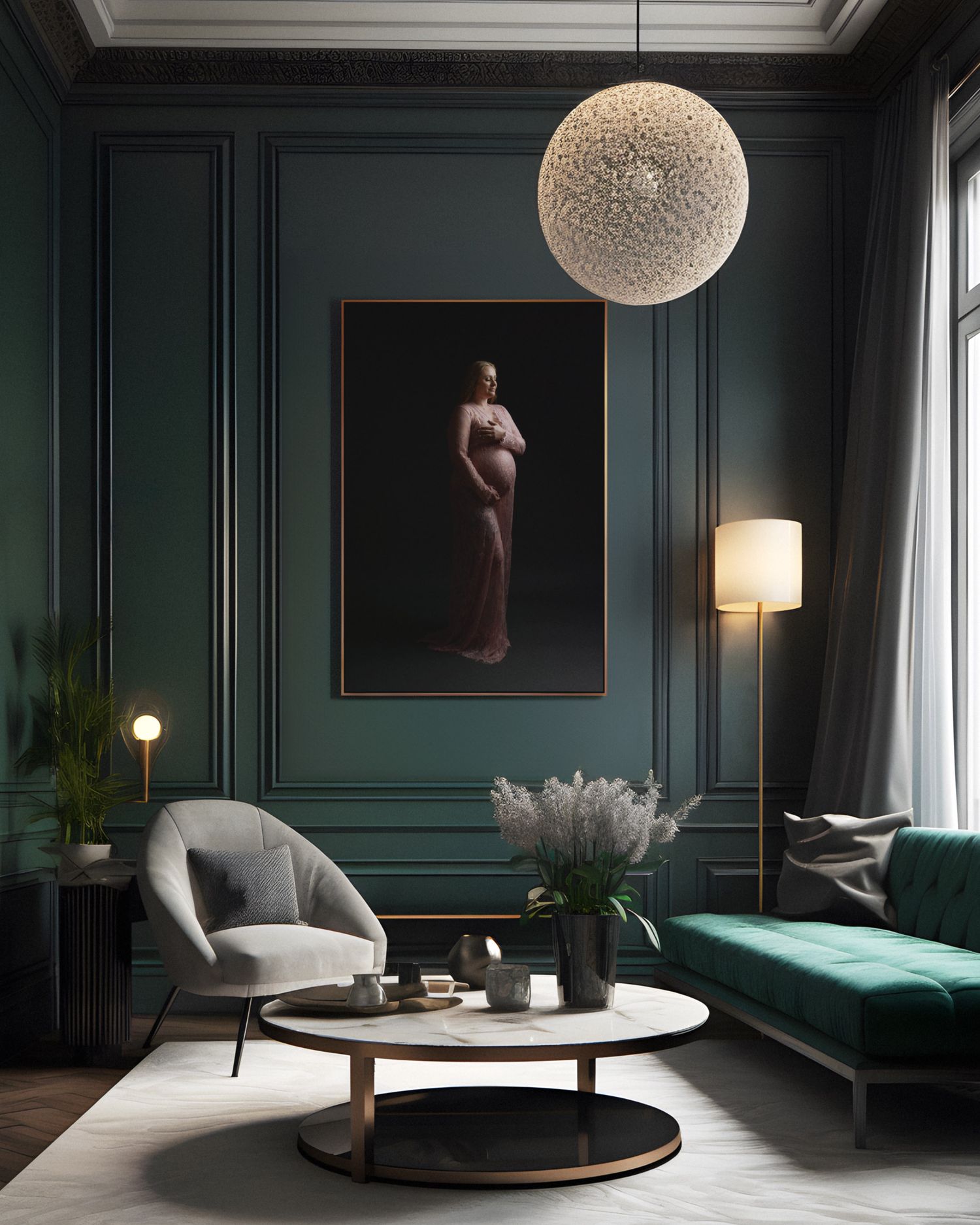 Modern dark green living room with ornate moldings, spherical pendant lights, and luxurious velvet furniture.