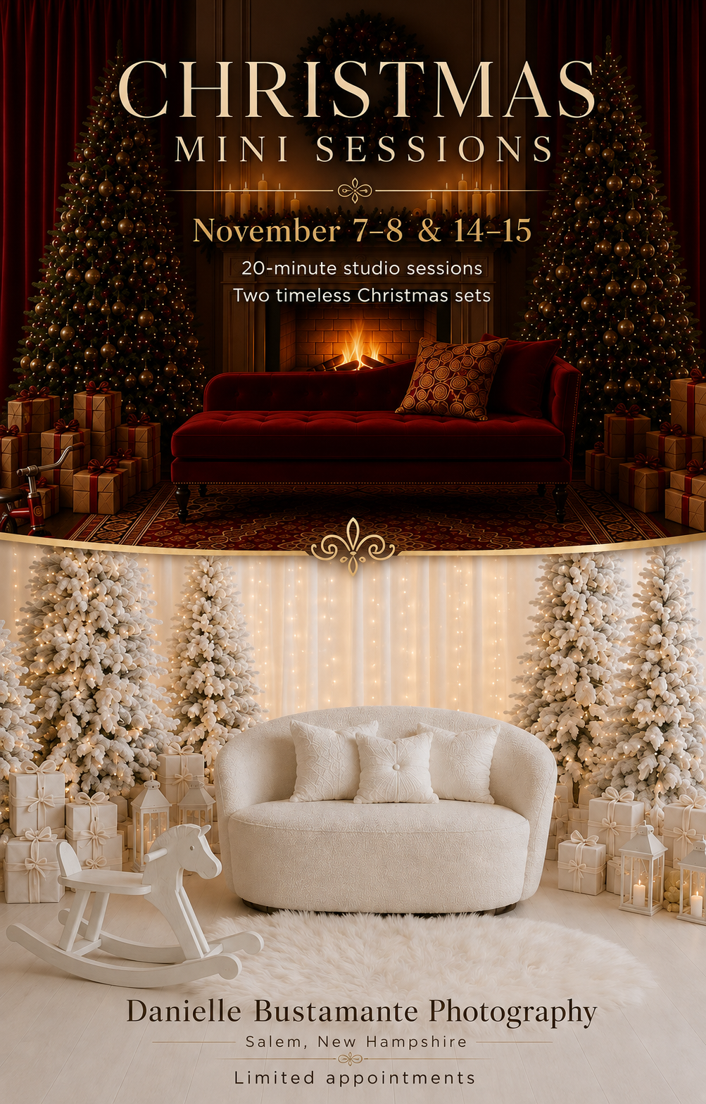 Christmas mini sessions flyer for Danielle Bustamante Photography in Salem, NH, featuring cozy holiday studio sets with trees and gifts.
