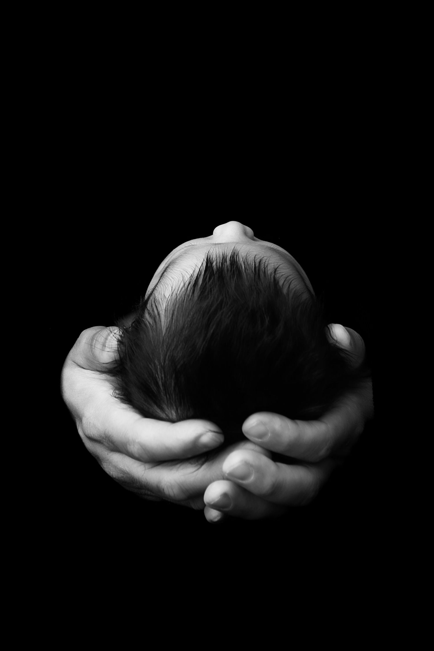 Black and white artistic photograph of hands cradling and gently holding a small object against a dark background.