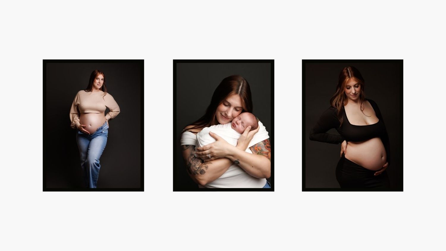 A triptych of maternity photos showing a pregnant woman, a mother with newborn, and a baby bump portrait on dark backgrounds.