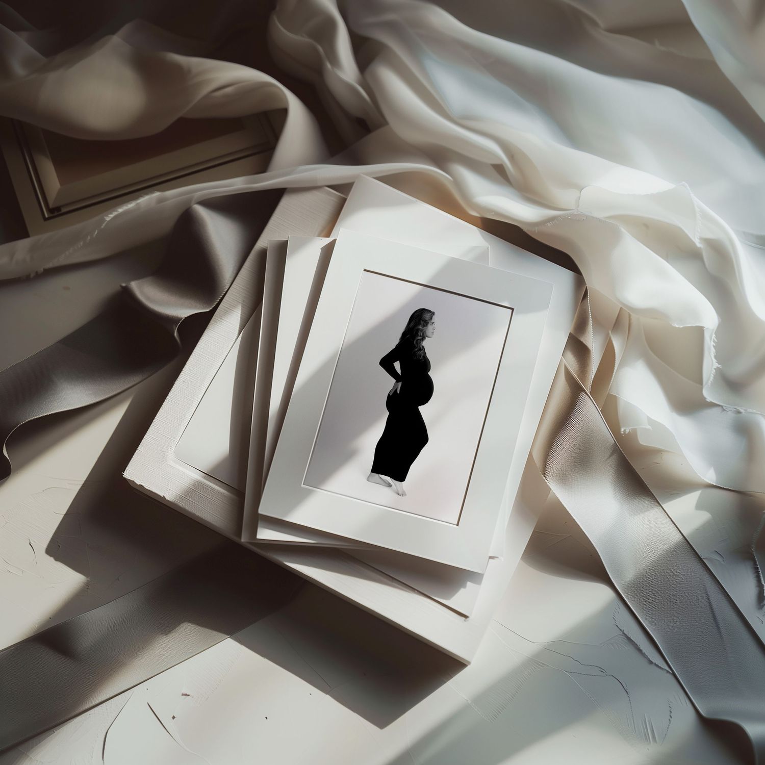 Artistic arrangement of monochrome photographs on white fabric with soft shadows.