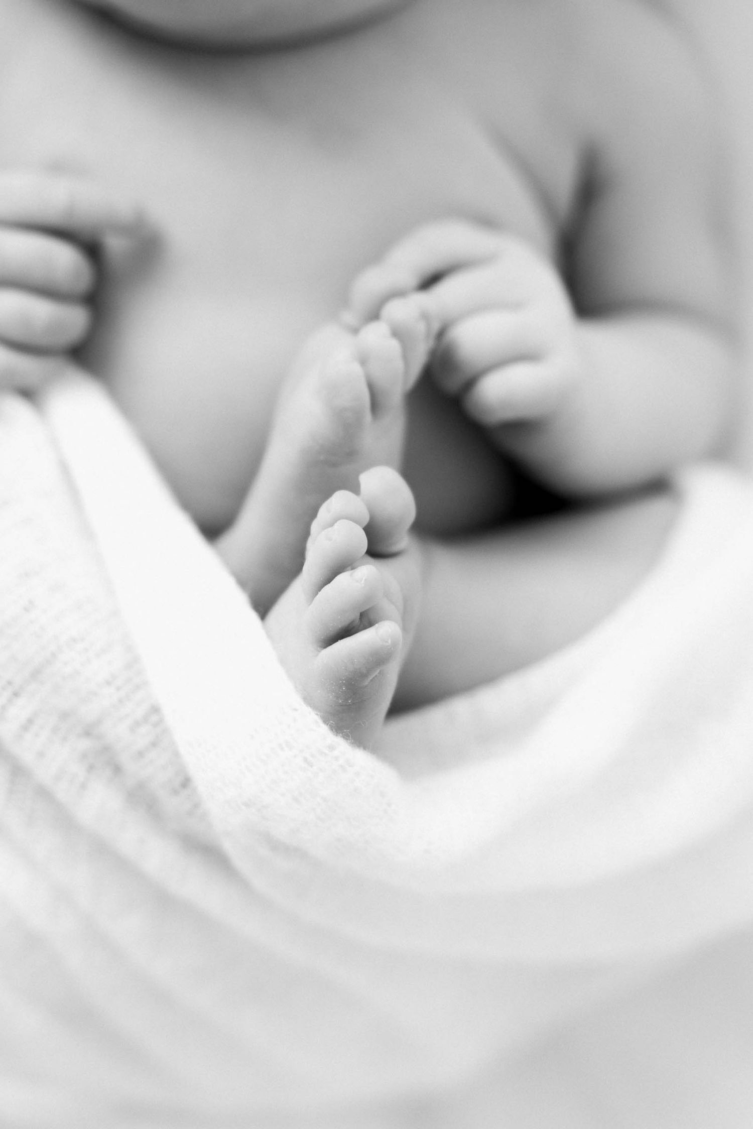 Black and white close up of baby feet and hands with white blanket.