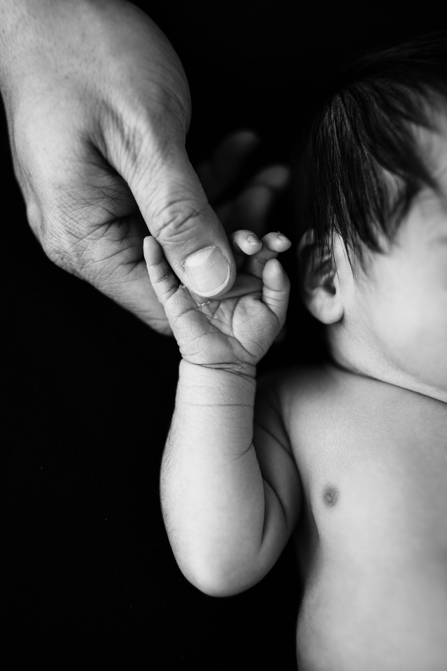 Black and white photo of a newborn baby grasping an adult's finger, symbolizing new life and parental bond.