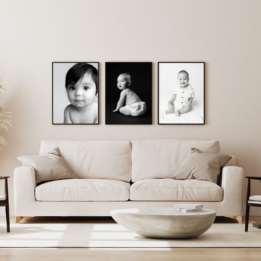 Modern monochrome photo collage of minimalist home decor and interior design elements in neutral beige tones.