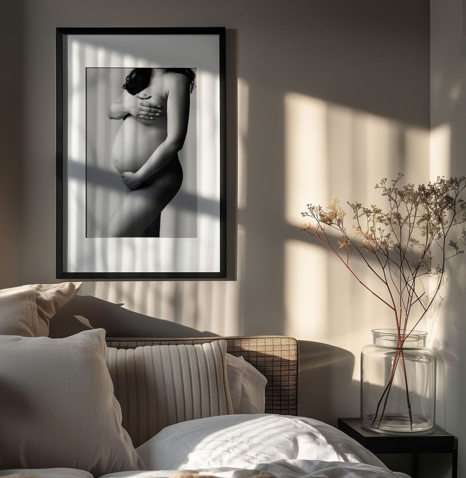 Modern interior with framed artwork, dried flowers, and natural sunlight streaming through windows.