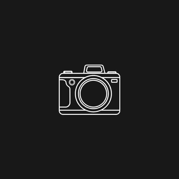 Minimalist white line art camera icon on a dark black background, perfect for photography branding.