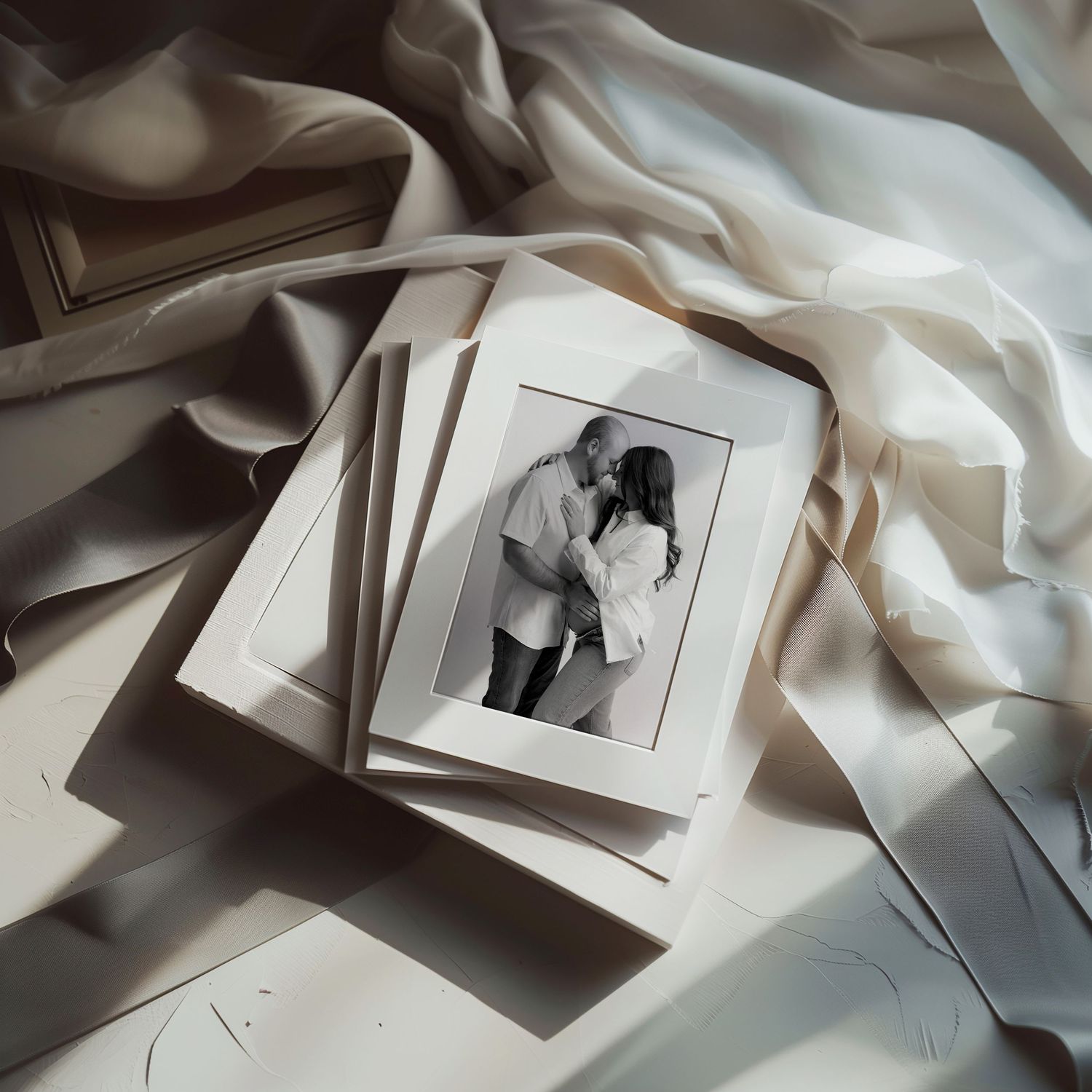 Collection of black and white photographs displayed with flowing white fabric and dramatic lighting.