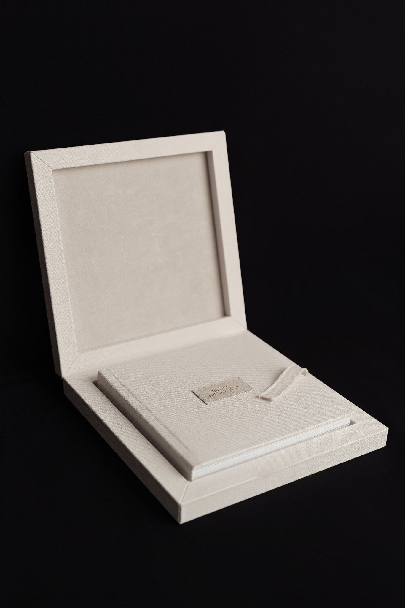 A sequence showing a white presentation box opening at different angles against a black background.