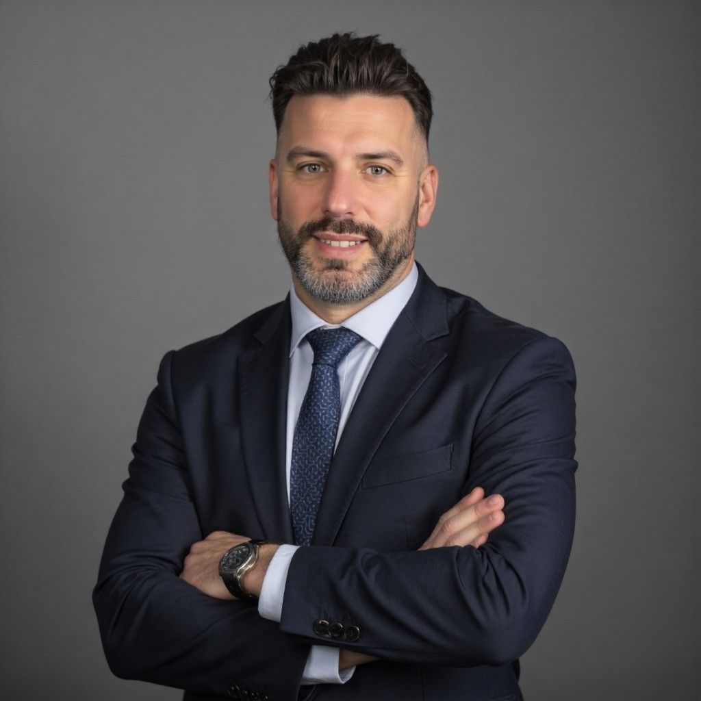 Professional business portrait of person in navy suit and tie against gray backdrop.