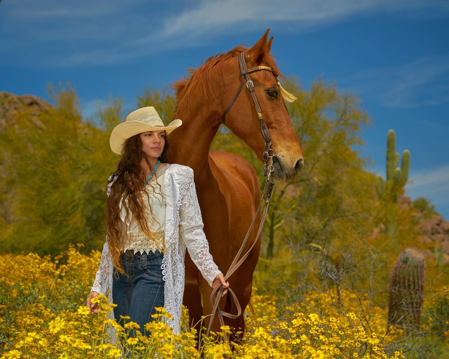 Brown horse and rider walking through field of yellow wildflowers under blue sky. Photographer RL Davis