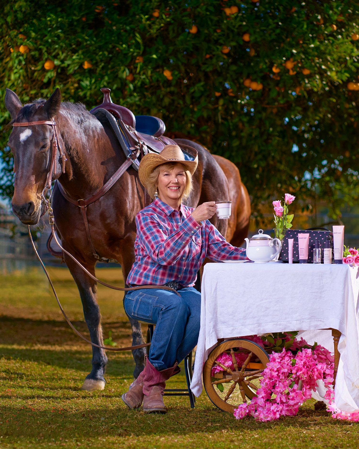Mary Kay Outdoor tea party setup with horses and pink flowers on white tablecloth. Photographer RL Davis
