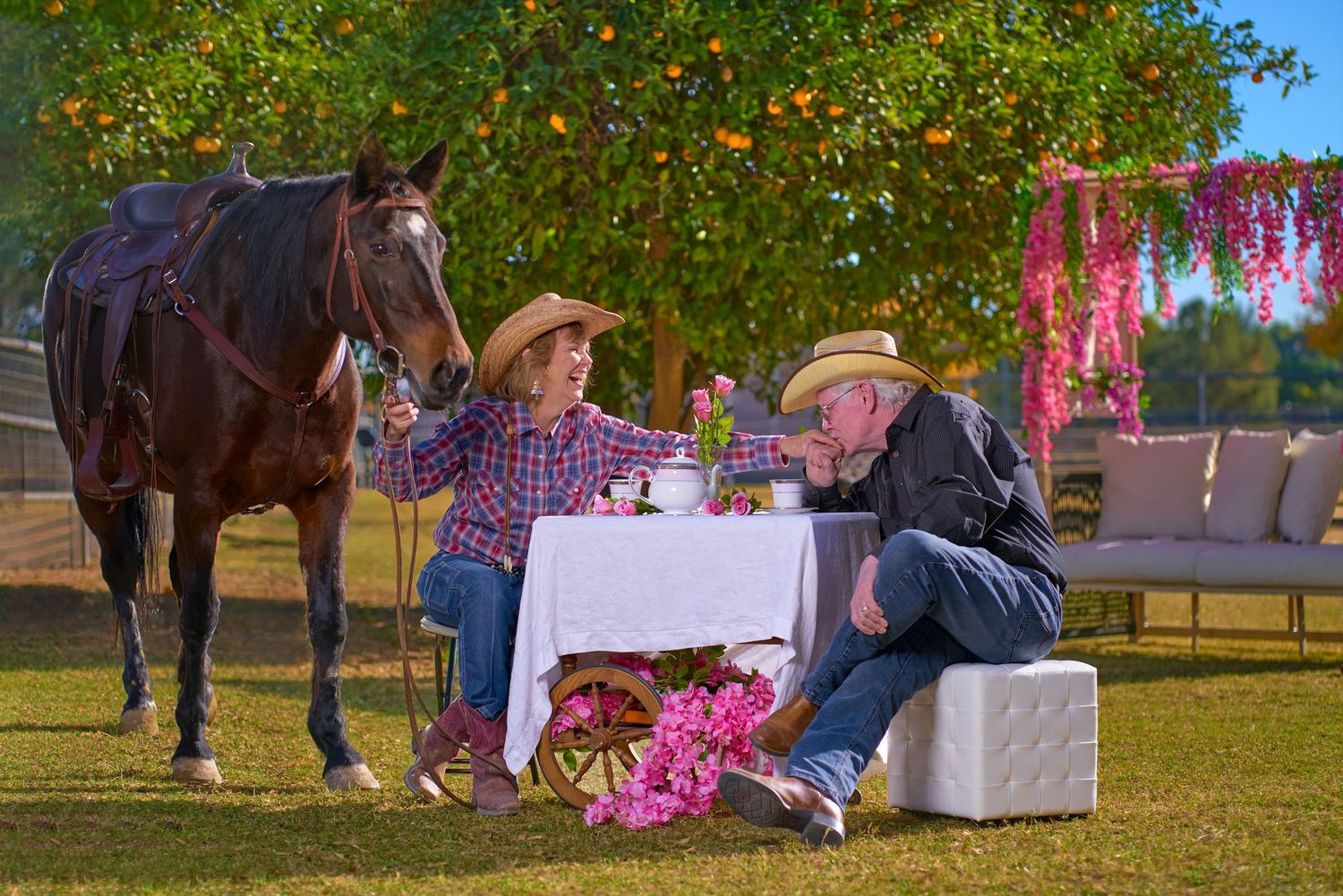 Outdoor photo session setup with pink decorations and props in a sunny park setting. Photographer RL Davis