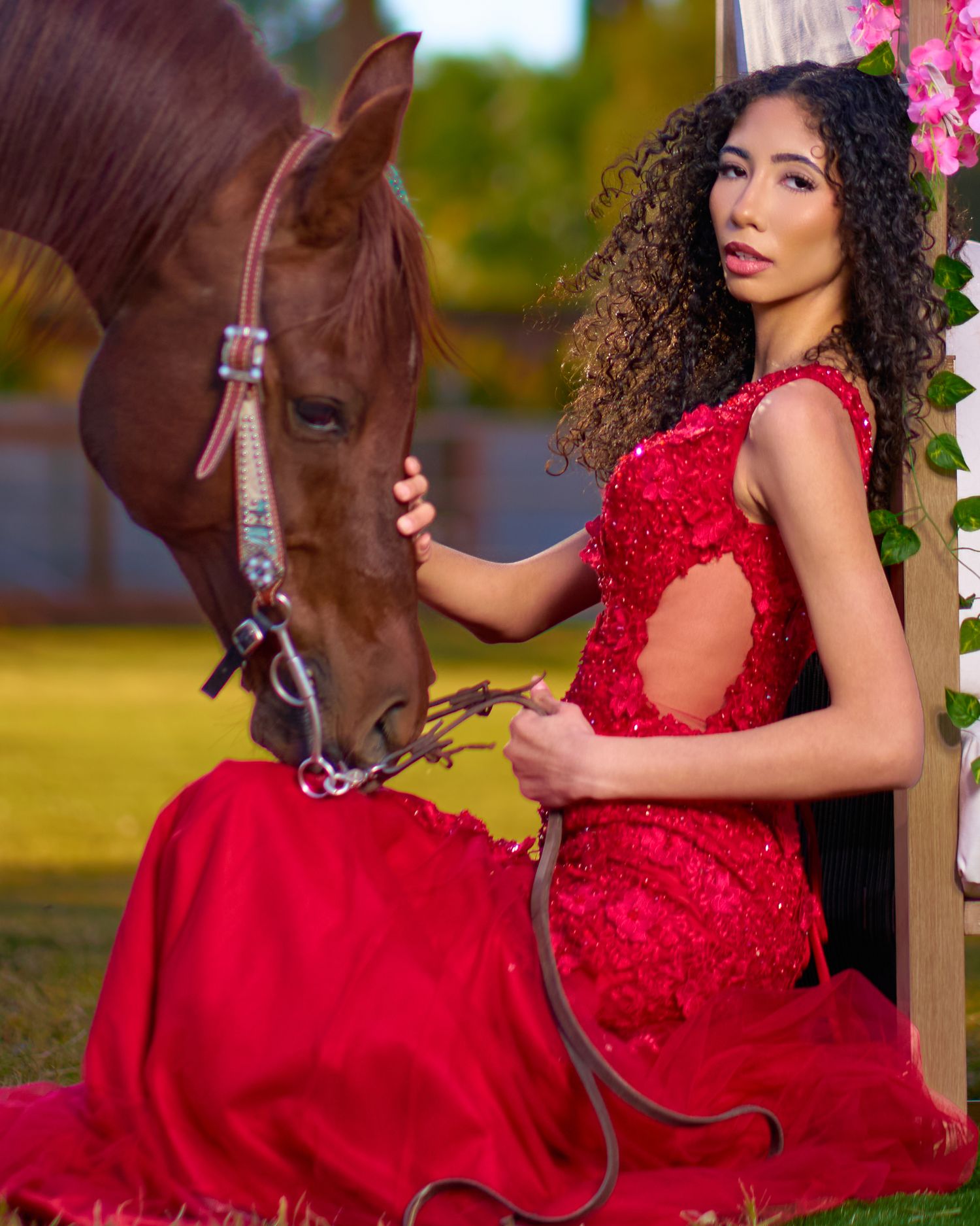 Miss Scottsdale Teen in a Red formal gown photographed with horse in outdoor setting with natural lighting. Photographer RL Davis